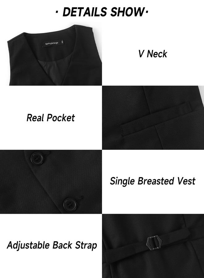 Spring&Gege Boy's Formal Suit Vest Solid Dress Waistcoat Vest Business Wedding Western with Pockets, Black, Size 11-12 Years - Image 3